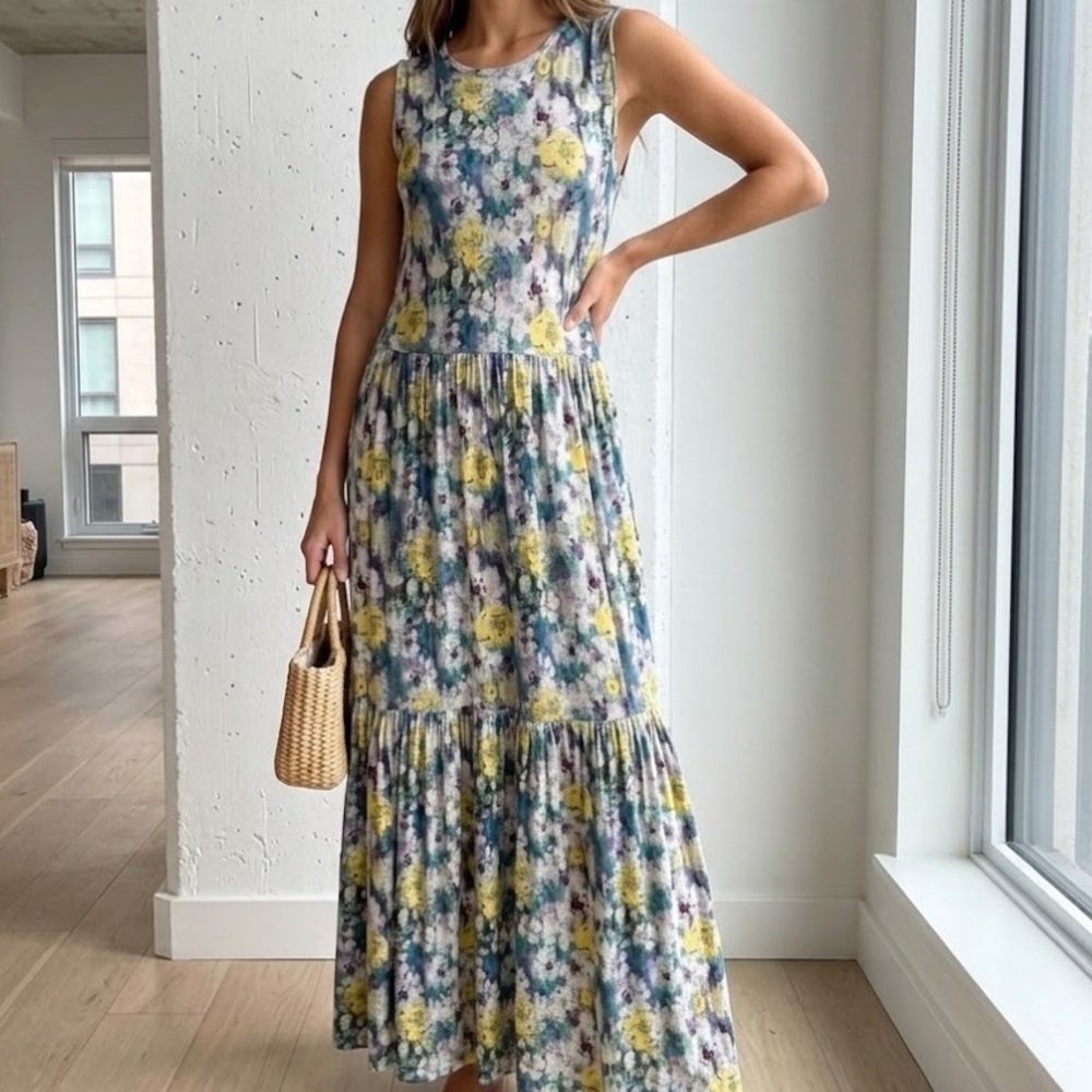 Saint + Sofia Noho Mosaic Floral Stretchy Tiered Maxi Dress 6